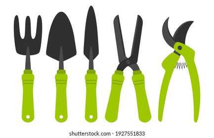 Collection of garden tools. Hoe, cultivator, shovel,pruner, cultivator, pruning shears. A set of gardening tools. Design elements in a cartoon flat style. Isolated on a white background