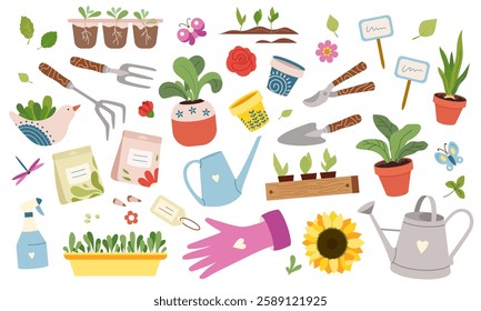 Collection garden tools for home gardening, houseplant care Spring horticulture equipment Caring for potted plants Spring greenhouse plants, seeds, shovel, rake, watering can. Flat vector illustration