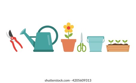 Collection of garden tools including pruning shears, watering can, potted flower, bucket and plant seedlings in row.