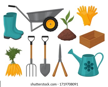 Collection of garden tools on a white background. Isolated object on a white background. Cartoon style