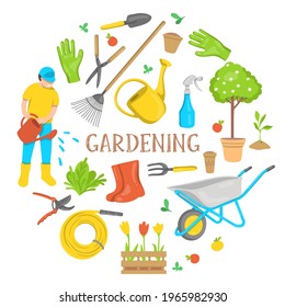 Collection of garden tools and plants arranged in a circle shape. Garden and spring set, hand-drawn elements. Colorful vector illustration on a white background.
