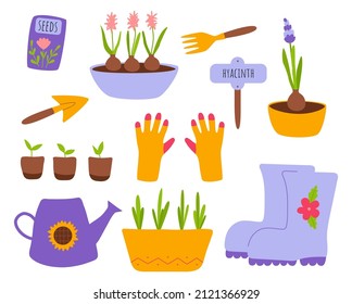 Collection garden tools and plants. Clipart elements for print, sticker, card. Gardening or horticulture concept. Spring aesthetic.