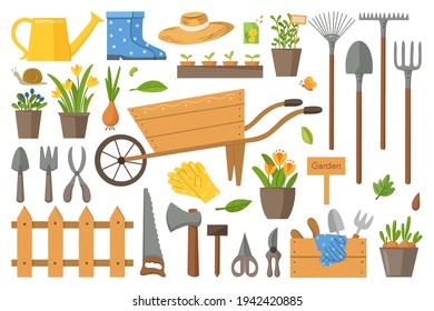Collection of garden tools and plants. Gardening or horticulture concept. Design elements for print, packaging or stickers. Flat vector illustration.