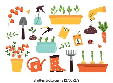 Collection of garden tools and plants. Gardening or horticulture concept. Growing onions, tomatoes, carrots and other vegetables. Design elements for print, packaging or stickers. Vector illustration.