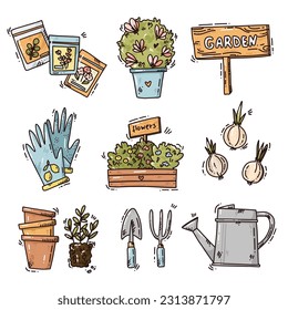 Collection of garden tools and plants. Gardening or horticulture colorful concept. Design elements for print, packaging or stickers. Vector illustration.