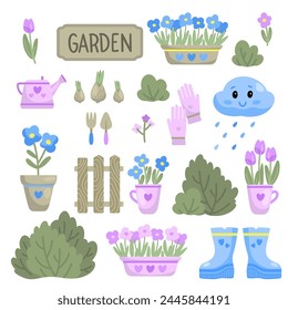 Collection of garden tools and plants. Gardening or horticulture concept. Design elements for print, packaging or stickers. Vector illustration.