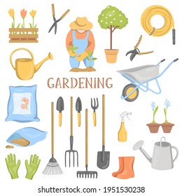 Collection of garden tools and plants. Garden and spring set, hand-drawn elements. Colorful vector illustration on a white background.