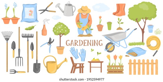 Collection of garden tools and plants. Garden and spring set, hand-drawn elements. Colorful vector illustration on a white background. Horizontally.