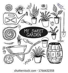 Collection of garden tools and plants.Wheelbarrow,hose for watering,watering can.Hand drawn sketches. Isolated elements in Doodle style. Vector illustration on a white background.