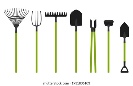 Collection of garden tools. Rake, shovel, pitchfork, hoe. A set of gardening tools. Design elements in a cartoon flat style. Isolated on a white background