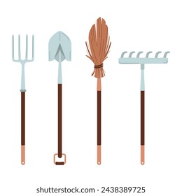 Collection of garden tools. Rake, shovel, pitchfork, broom. Items for gardening and farming, Set of farm tools, instruments. Isolated on white background. Design elements vector flat illustration.