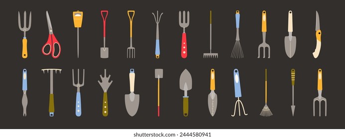 Collection of garden tools. Scissors, pruner, shovel, rake, pitchfork, knife. Hand drawn vector illustration