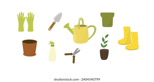 Collection of garden tools. A set of accessories for gardening. Design elements for print, packaging or stickers. Vector illustration. 
