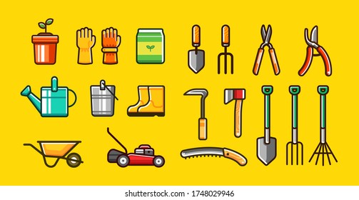 Collection of Garden Tools. Set of Various Gardening Items. Vector Illustration