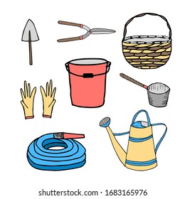 Collection of garden tools. Vector doodle elements for design. Basket, watering can, secateur, bucket, hose for irrigation, ladle, trowel and rubber gloves.