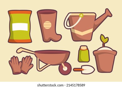Collection of garden tools, wooden accessories, plants, insects. Gardening, growing plants. Design elements in a cartoon flat style. Vector illustration.