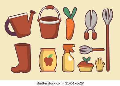 Collection of garden tools, wooden accessories, plants, insects. Gardening, growing plants. Design elements in a cartoon flat style. Vector illustration.