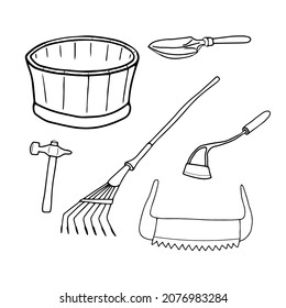 Collection of garden tools. Wooden bucket, rake, hammer, two-handed saw, hand hoe, shovel. Doodles. Vector isolated elements for design.