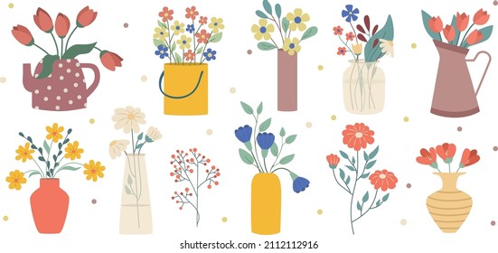 Colección de jardinería y flores silvestres en jarrones y botellas aisladas de fondo blanco. Jarrones de flores. Un juego de flores. Ilustración plana de material plano.