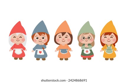 Collection of garden women gnomes or dwarfs , banner, different color . Set of cute fairytale characters. Flat cartoon vector illustration isolate on white background for your design .