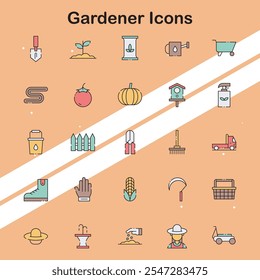 Colección de íconos de jardineros que representan herramientas de jardinería y actividades adecuadas para exteriores y temas de estilo de vida.