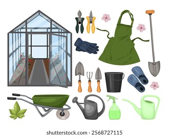 Collection of gardening clothes and tools. Set of gardening equipment and greenhouse. Vector illustration.