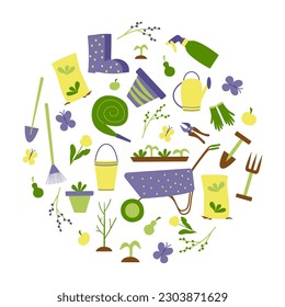 Collection of gardening equipment in circular composition. Hand drawn vector illustration. Colorful garden tools.