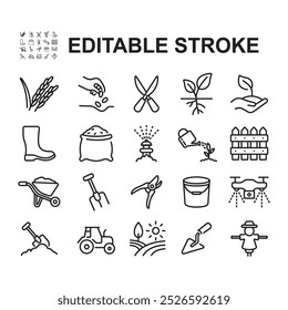 Coleção de ícones de jardinagem e agricultura. Vetor de estilo de linha fina. Contém ícones como ferramentas de plantação, arroz, trigo e outros.