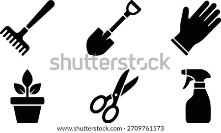 A collection of gardening icons featuring a rake, shovel, glove, potted plant, scissors, and spray bottle, all in a clean, black and white vector style.