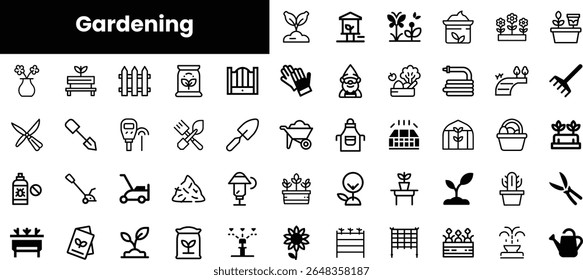 A collection of gardening icons, showcasing tools, plants, and decorative elements in a minimalist style, perfect for gardening enthusiasts or hobbyists.
