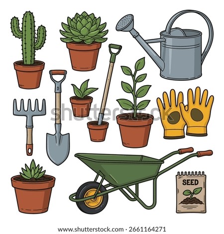 A collection of gardening items including potted plants, a rake, shovel, trowel, watering can, gloves, wheelbarrow, and seed packet.