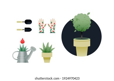 Collection of gardening tools. Badge with Plant in flower pot, garden trowel, garden gloves, growing plant in flower pot and in watering can. Modern flat vector illustration. Social media template.
