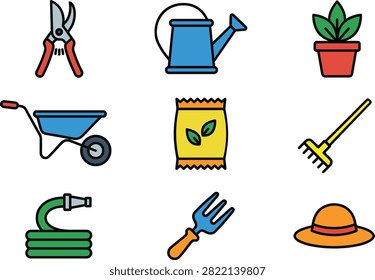 Collection of gardening tools including watering can wheelbarrow rake hose and gloves isolated on transparent background.