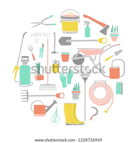 Collection of gardening tools isolated on white background. Bundle of equipment for agricultural work, plant cultivation, work in garden or farming. Colorful vector illustration in flat style.