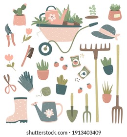 Collection of gardening tools and items: cart, watering can, pitchfork, rake, potted flowers, gardening gloves, pruner, scissors, seeds. Gardening design. Vector isolates.