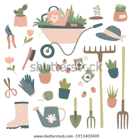 Collection of gardening tools and items: cart, watering can, pitchfork, rake, potted flowers, gardening gloves, pruner, scissors, seeds. Gardening design. Vector isolates.