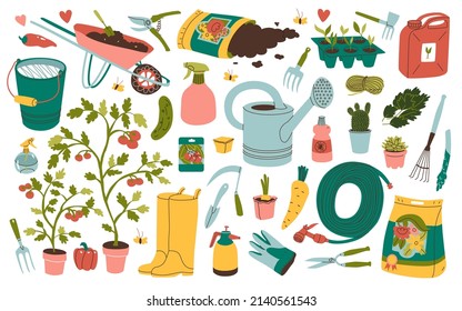 Collection gardening tools and plants. Farmers craft. Home gardening, seedling, growing natural and ecological products. Water can, soil, cacti, rake, chopper, shovel. Flat style. Vector illustration