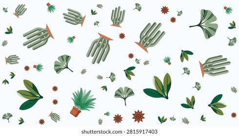 Collection of gardening tools plants and foliage in green and brown colors with leaves and flowers suitable for environmental gardening outdoor themes