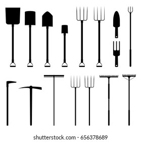 Collection of gardening tools silhouettes for decoration and collage