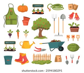 Collection of gardening tools, vegetables and farming equipment. Watering can, wheelbarrow, gloves, rake, shovel, plants, seedlings, tree, fence and garden hose. Flat isolated vector illustration.