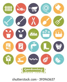 Collection of gardening vector icons in colored circles