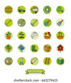 Collection of gardening vector icons, filled outline style in green dots