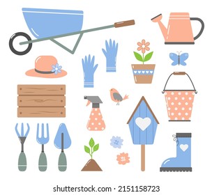 Collection of gardening vector icons. Garden tools and elements
