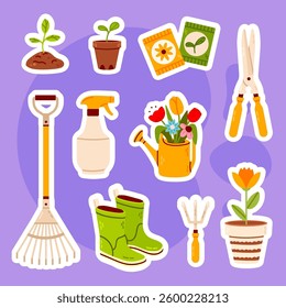 A collection of gardening-themed sticker illustrations featuring tools, plants, wheelbarrows, gloves, boots, watering cans, and seed packets. Ideal for garden planners, DIY projects, and home decor.