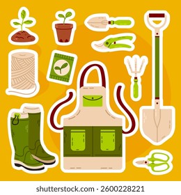 A collection of gardening-themed sticker illustrations featuring tools, plants, wheelbarrows, gloves, boots, watering cans, and seed packets. Ideal for garden planners, DIY projects, and home decor.