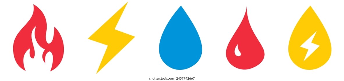 Collection of gas, electricity and water symbols in different color styles.