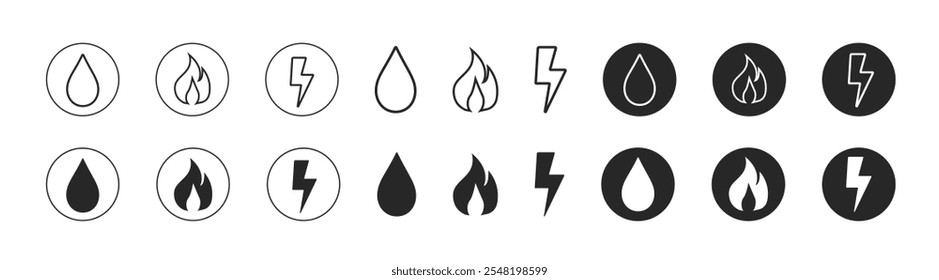 Coleção de gás, eletricidade e símbolos de água em diferentes estilos pretos. Símbolos de serviço de utilidade pública.