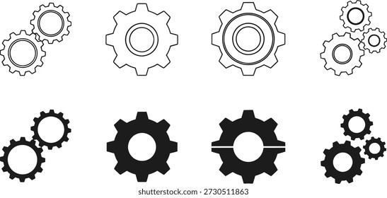 A collection of gear icons in different styles and arrangements, possibly for use in a technical or mechanical context
