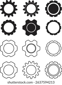 A collection of gear wheel icons, possibly in various styles and arrangements, suitable for representing settings, mechanics, or processes.