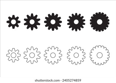 Collection gears line icon set. Icon flat style for stock vector. Sign engine for logo, automotive, setting, direction, illustration.